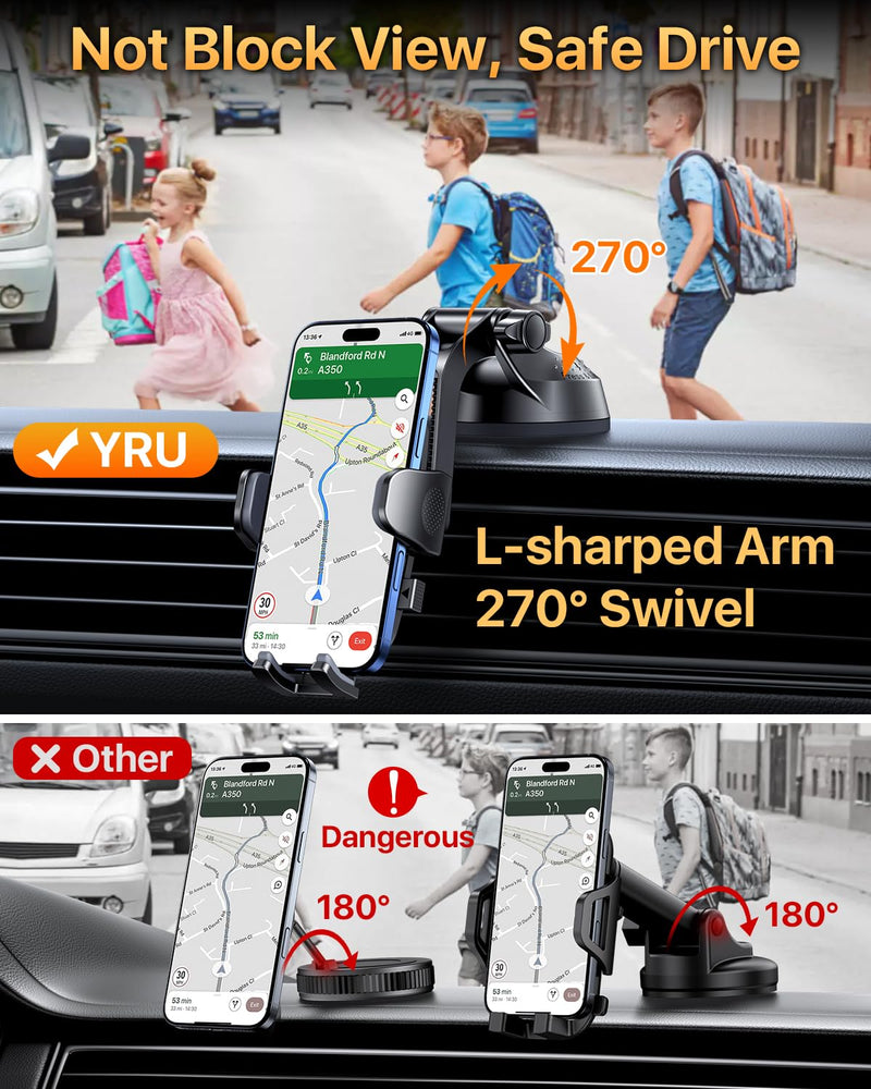 YRU 2026【100+LBS Suction & Flexible Low-Profile Arm】 Car Phone Holder Mount | 【Newest Upgrade Military-Grade & Safety Cert】360°Rotate Dash Windshield Vent Truck Cradle for iPhone17 16 Pro Max, Dark Black