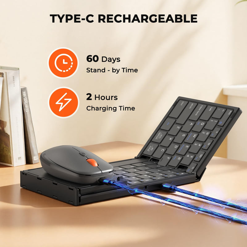 MEETION Foldable Keyboard and Mouse Combo, Bluetooth Portable Set | Rechargeable full-size folding keyboard and mouse with 2.4G & dual Bluetooth, ideal for travel, Windows, Mac & iPad Black