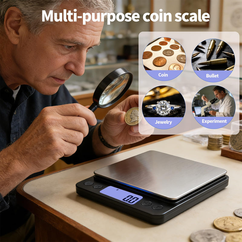SKEAP Coin Scale to Weigh Coins, 1kg/0.01g High Accuracy Gram Scale for Coin Collectors, Gold and Jewelry, with USB Charging, LCD Display, PCS Counting, Includes Charging Cable and AAA Batteries Black,1kg /0.01g