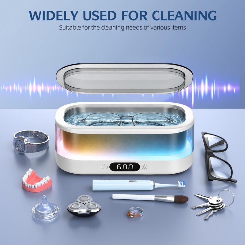 Ultrasonic Jewelry Cleaner 48KHz with RGB Lights for Eyeglasses, Rings, Watches, Dentures, 350ML 304 Stainless Steel Tank, Dual Modes Professional Sonic Cleaner Gift for Wife,Mom,Daughter White