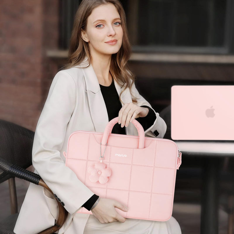 MOSISO Laptop Bag 16 inch, 15-15.6 inch Puffy Laptop Sleeve | Compatible with MacBook Pro 16/Air 15,HP Acer Dell, Messenger Briefcase Quilted Bag with Trolley Sleeve&Flower Pendant, Pink 15.6 inch
