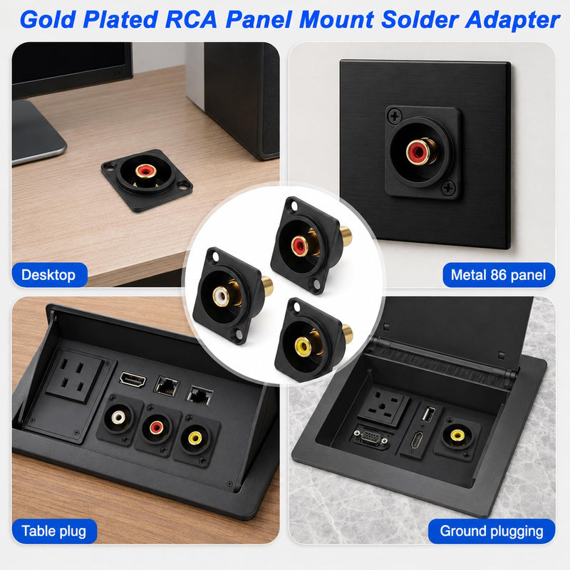 3 Pcs Gold Plated RCA Panel Mount Adapter, 3 Color RCA Female to Female Av Chassis Socket Connectors RCAs Chassis Socket Av Audio Connector for Stereo Amplifier Home Cinema TV