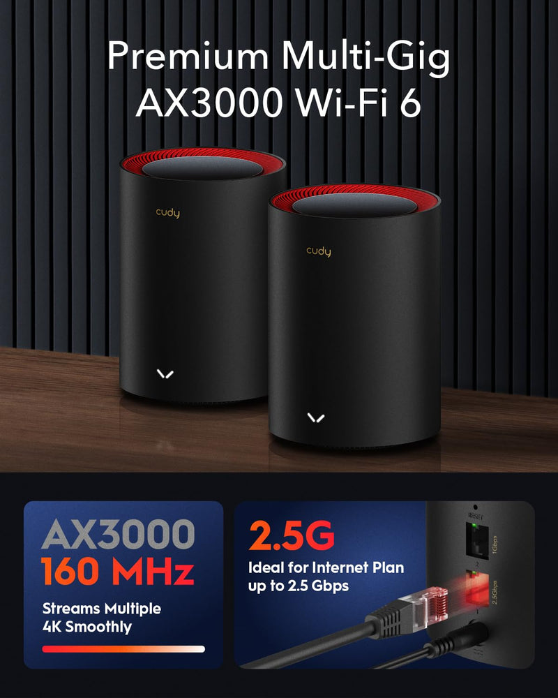 Cudy AX3000 Wi-Fi 6 2.5G Mesh System, Covers up to 2500 Sq.Ft., Replaces Wireless Router and Extender, Supports Ethernet Backhaul, Ideal for 2.5G Network, M3000 1-Pack