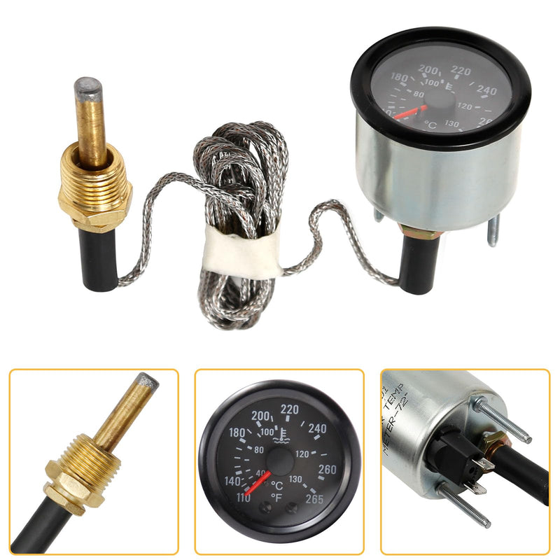 2" (5.2cm) Water Temperature Gauge Mechanical Water Temperature 12V Temperature Gauge Yellow Light Automotive Gauge with Sensor NPT1/2 Reading Range: 40-130℃ / 110-265℉