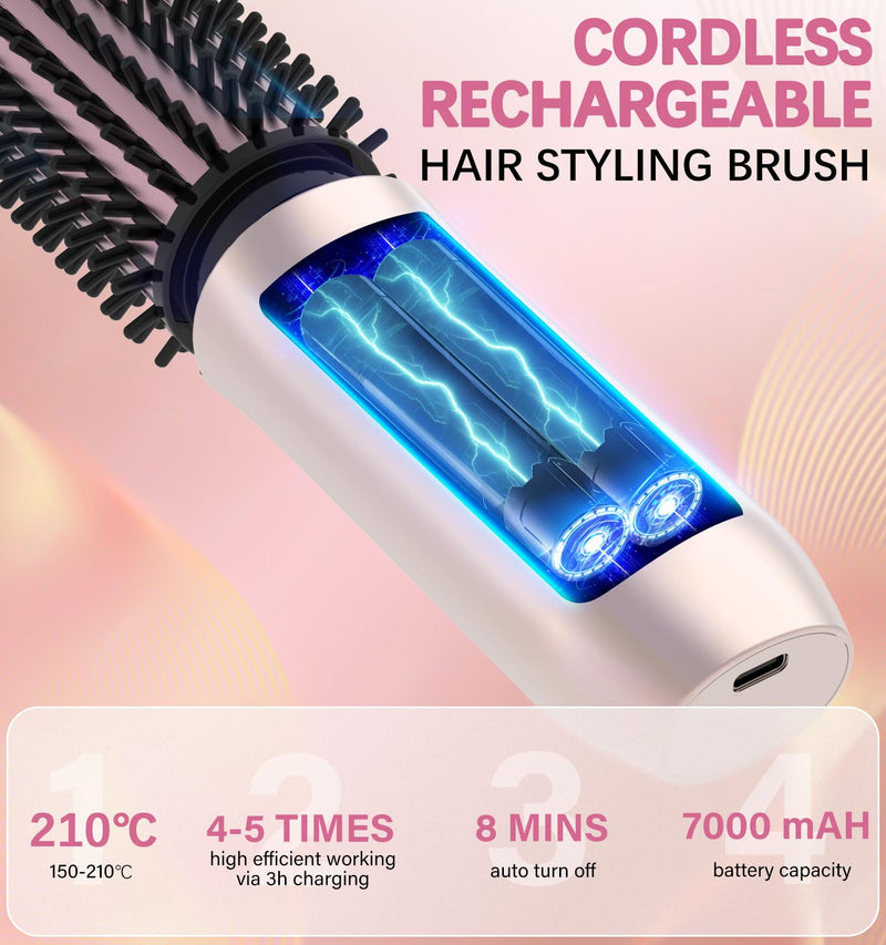 Cordless Curling Pro. Hot Brush Rechargeable for Long Hair | 7000mAh by 4 Heating up to 210°C, Negative Ionic Salon Smooth Tangle-Free Hair Styling in Minutes, for Travel & Home Rose Gold