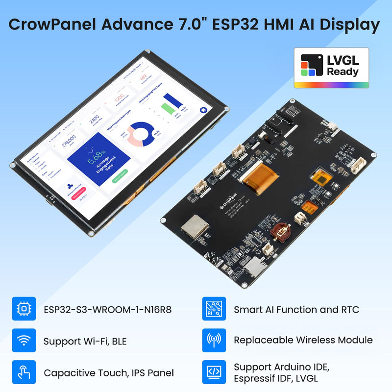 ELECROW ESP32 Display 800×480, 7" HMI Advanced ESP32 IPS Touch Screen with Acrylic Case, Support AI Speech Interaction, 32-Bit LX7 Dual-Core Processor, Up to 240MHz, Compatible with Arduino, ESP-IDF 7" AI ESP32 Display