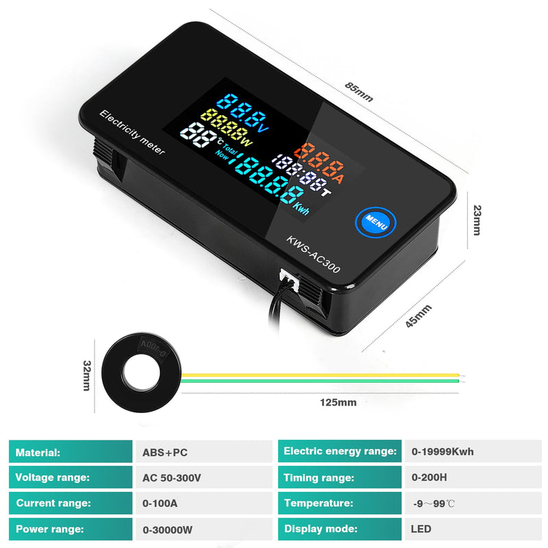 Jadeshay Digital Voltmeter Ammeter Multimeter Panel, AC 50-300V 0-100A LCD Voltage Current Meter Power Energy Meter with Closed Transformer KWS-AC300