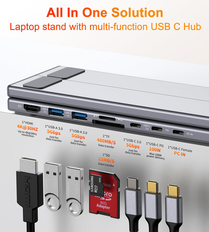 USB C Laptop Docking Station Stand, USB C Dock Tablet Stand, 8 in 1 USB C Hub with 4K HDMI, 2 USB 3.0, PD 100W, Universal Dock Station for MacBook Pro/Air/Dell/HP/Surface/Lenovo, Plug and Play