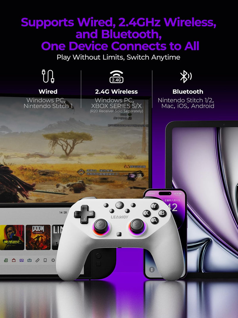 leadjoy Saber Plus Wireless Game Controller, TMR Joysticks, Hall Effect & Tactile Dual Triggers Gaming Controller, 1000Hz Polling Rate, RGB Lighting for PS4/Switch1/2/PC/Android/iOS, White