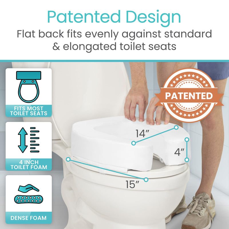 Vive Toilet Seat Riser Cushion for Seniors - Universal Fit - Raised Toilet Seat with High-Density Foam for Elongated & Standard - Firm Handle, Cushioned & Padded - Elevated Medical Handicap Lifter White Dense Riser 4” Height