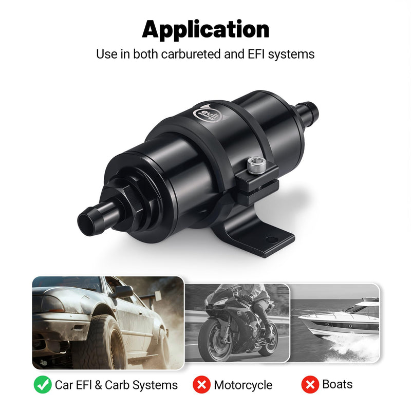 EVIL ENERGY Inline Fuel Filter 10 Micron with Barb 1/2", 3/8", 5/16" Fitting Adapter, Bracket Clamp 50MM Universal Aluminum Black for Gasoline, Diesel, Rubber Fuel Line