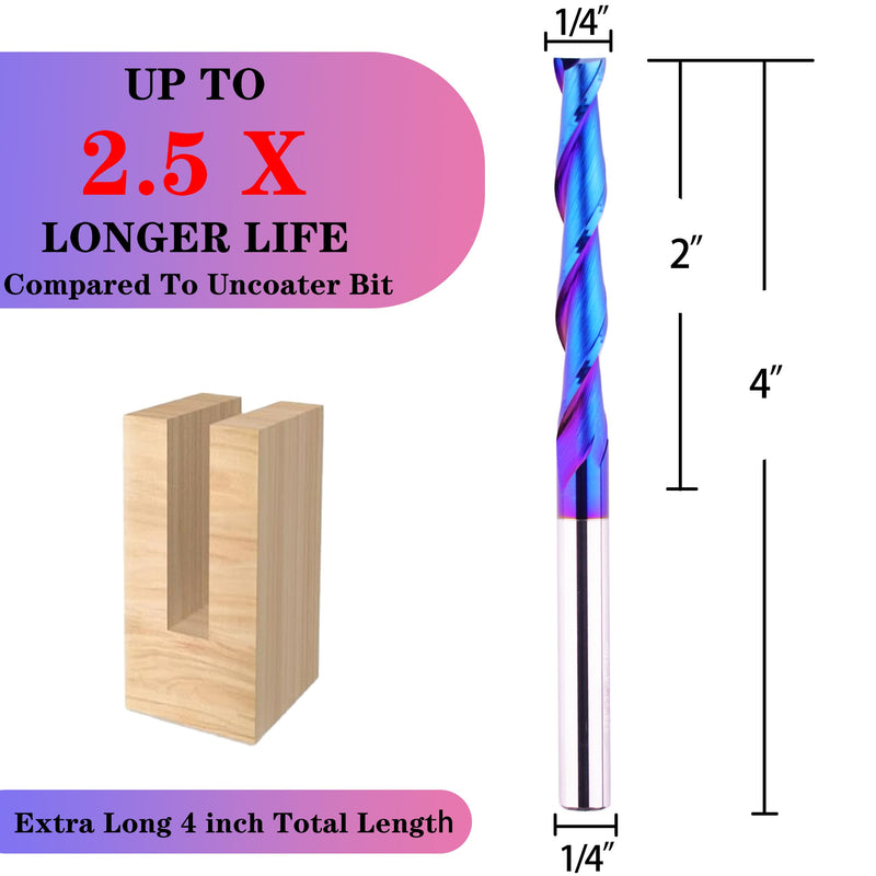 Extra Long 4 Inch Upcut Spiral CNC Router Bit 1/4 Inch Shank,2 Inch Cutting Length Solid Carbide with NACO Coating End Mill for Wood Cut, Trimming, Carving,Engraving Up Cut x 4" OVL