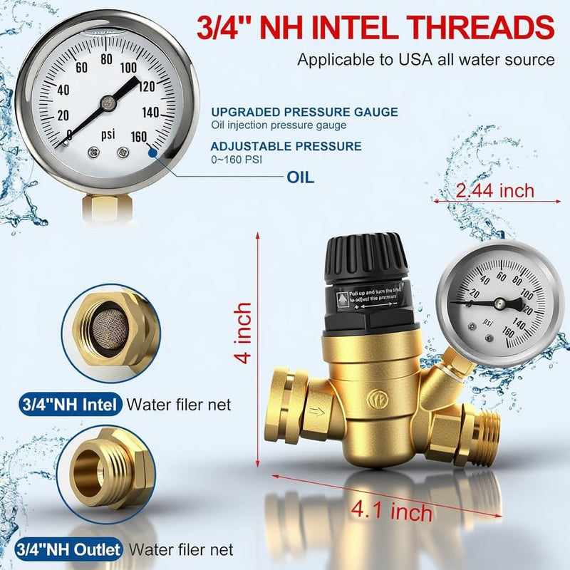 RV Water Pressure Regulator with Gauge,0-160psi Glycerin Liquid Filled Pressure Regulator Thicker Lead-free BrassKnob Valve Body,Knob Adjustment Water Pressure Gauge Regulator for RV Camper