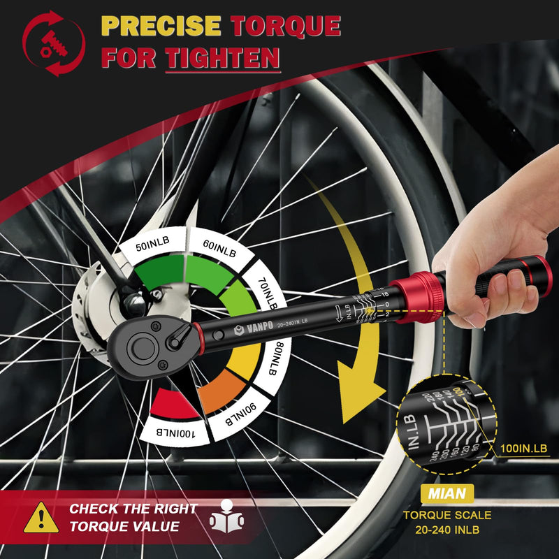 1/4-inch Drive Click Torque Wrench, 20-240 in. lb/2.3-27.1 Nm, Inch Pound Torque Wrench Set with 1/4" to 3/8" Adapter, 10cm Extension Bar, Small Bike Torque Wrench for MTB, Bicycle Maintenance 1/4-Inch 20-240 In.lb/2.3-27.1 Nm
