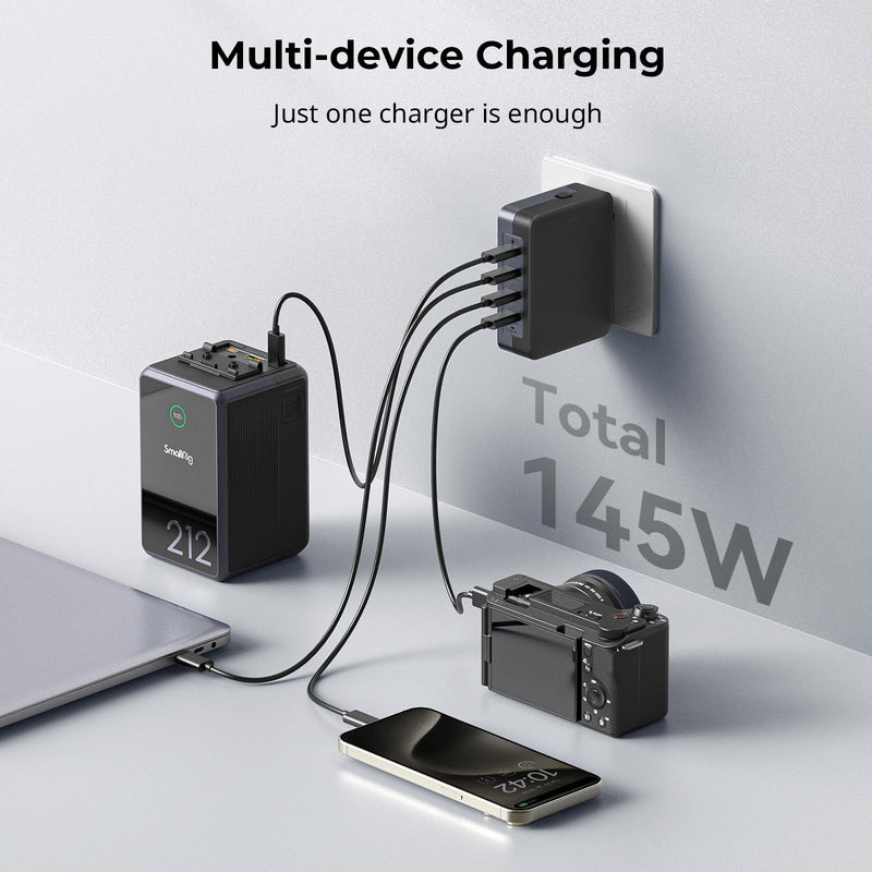 SmallRig 145W USB-C Charger, 4-Port PD3.1 GaN Fast Charger for MacBook Pro/Air PPS Wall Charger for iPhone 15, Galaxy S24/S23, Power Adapter for iPad, V-Mount Battery, Laptop, Camera - 4747