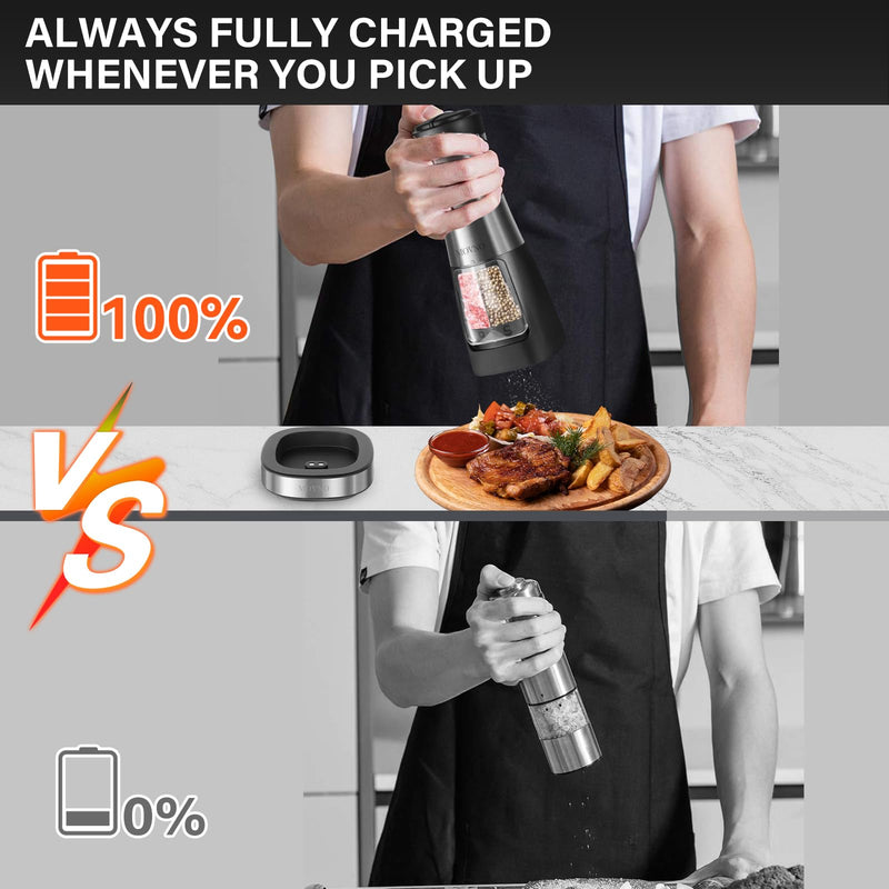 MOVNO 2 in 1 Rechargeable Electric Salt and Pepper Grinder Set with Charging Base, No Need Battery Automatic Salt and Pepper Grinder, One-Handed Operation, Adjustable Ceramic Grinder with LED Light Black