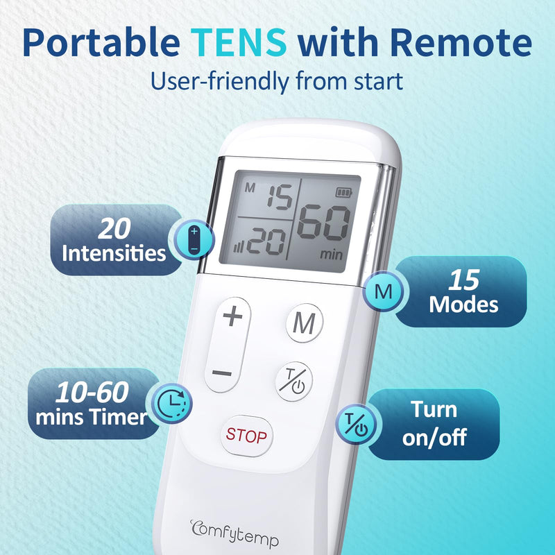 Comfytemp Wireless TENS Unit Muscle Stimulator, FSA HSA Eligible Rechargeable Tens Unit for Pain Relief with Remote Control, Portable Pulse Muscle Stimulator for Back Shoulder Sciatica, 15 Modes