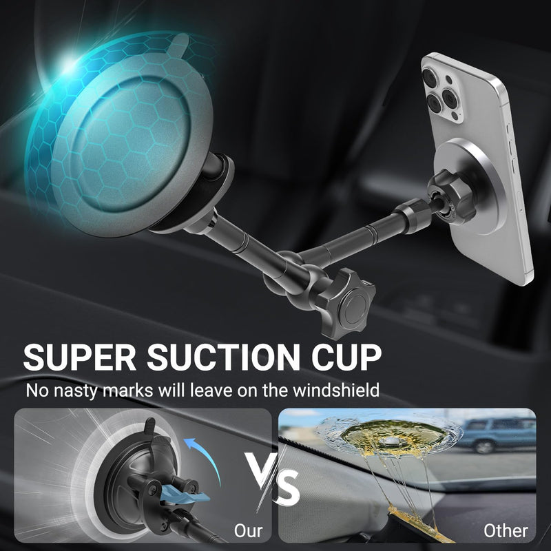 Vacuum Suction Cup Magnetic Phone Mount for Truck Windshield Dashboard, Fit for 4.7-11" Device, Heavy-Duty 360° Adjustable Metal Arm, Compatible with iPhone 16 15 14 Pro Max, iPad, Galaxy Tabs