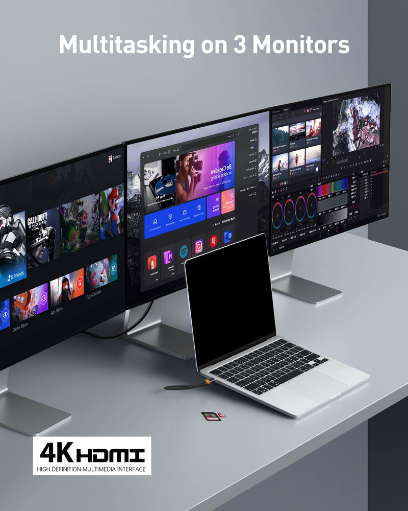 Baseus Laptop Docking Station, 4K Multitasking Docking Station with 2 HDMI+DP, PD, 3 USB-A, RJ45, Audio, TF/SD Card Reader, USB Hub Compatible for MacBook/Dell/HP/Surface/Lenovo