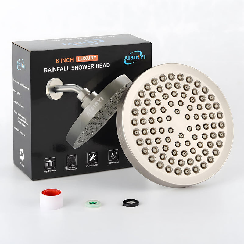 High Pressure Rainfall Shower Head, 6 Inches Luxury Showerhead with Perfect Adjustable Replacement, Removable Restrictor, Easy Installation for Your Bathroom Shower Heads (Brushed Nickel) 6 Inch Round (1 PCS) Brushed Nickel