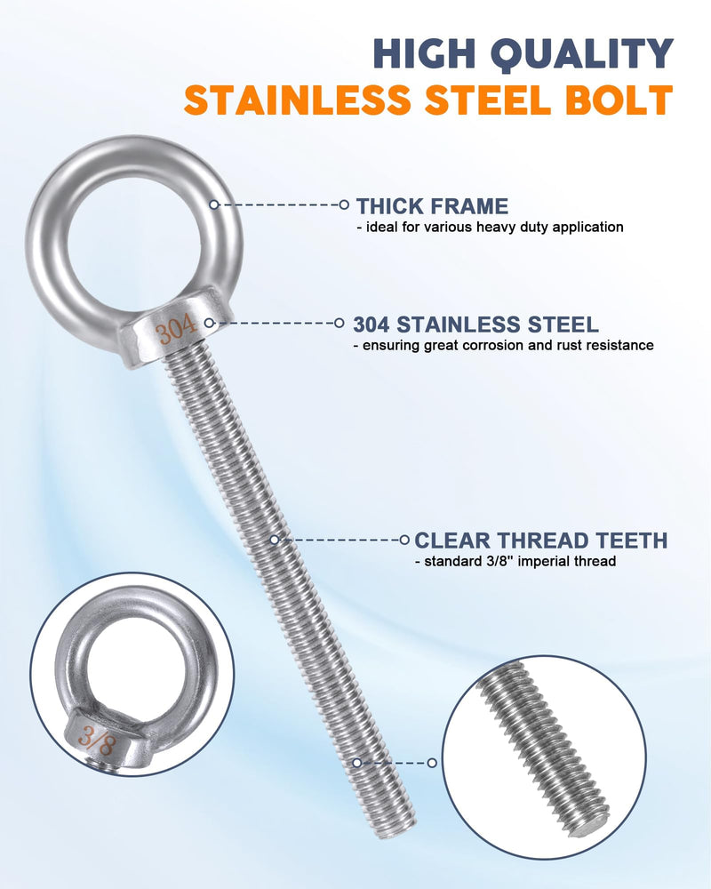Eye Bolt with Nuts 3/8'' x 4'' (8 Pack), Imperial, Heavy Duty Stainless Steel 3/8-16 Long Eye Bolts, Bonus Drill Bit Included 8