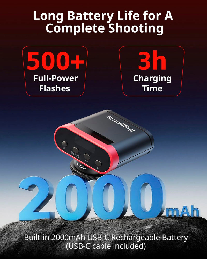 SmallRig RS20 Mini Camera Flash for Canon for Sony for Nikon, GN12 Flash | 2000mAh, OLED Screen, 8 Levels 500 Full-Power Flashes/1.8s Recycle/6500K, A/M Mode 1/1-1/128 - 5374 Red