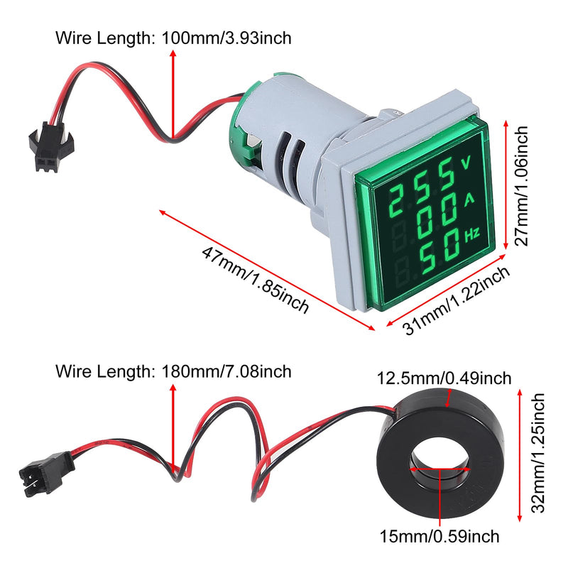 3pcs 3 in 1 60-500V 0-100A AC Digital Ammeter Voltmeter, 22mm Square Digital Tube Screen with Transformer, LED Display Voltage Detector Current Tester Gauge(Green) Green 3 in 1 Square