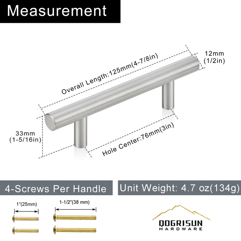 QOGRISUN 4-Pack Solid Brass Cabinet Pulls, Brushed Nickel Euro Style T-Bar Handles, 3 Inch Hole Center, Modern Drawer and Cabinet Hardware for Kitchen, Dresser, Bathroom Vanity 3-Inch(76mm)Hole Centers