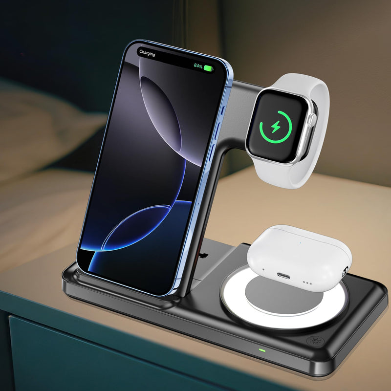 Wireless Charging Station with RGB Light for iPhone 17 16 15 14 Pro Max 13 12, Travel 3 in 1 Wireless Charger Stand for Apple Multiple Devices, iWatch 11 10 9 8 7 6 5 4 3 2, Airpods 4 3 Pro White