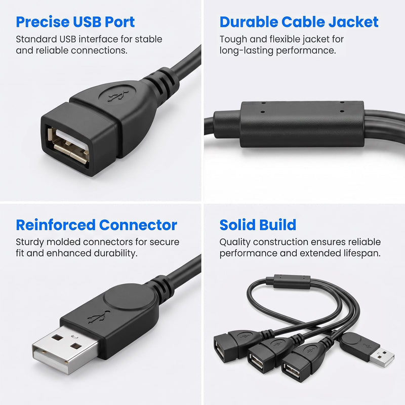 USB Splitter 1 in 3 Out, USB a Splitter Adapter 1ft Male to 3 Female Hub