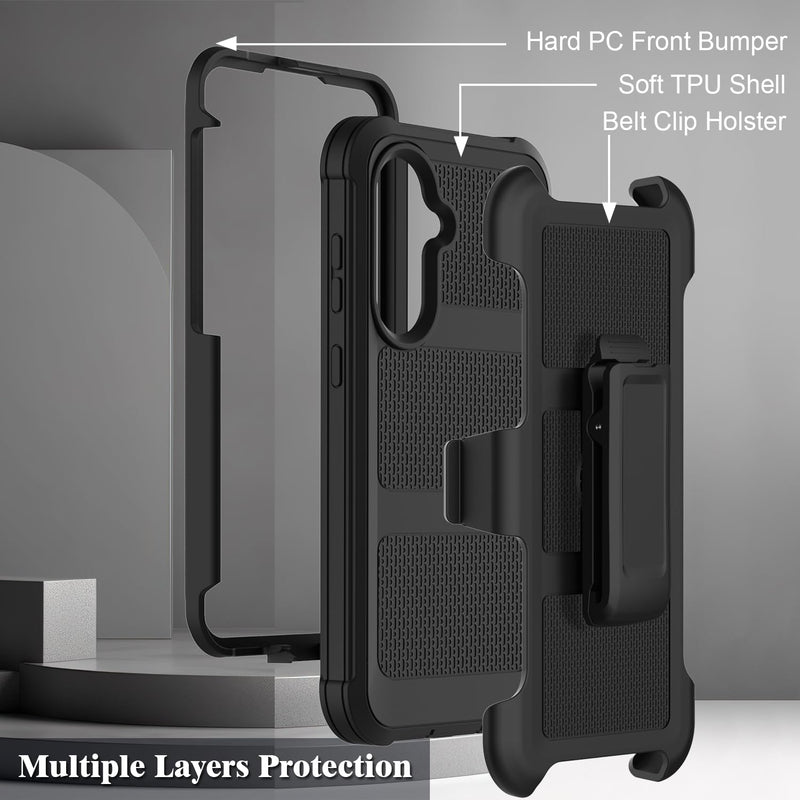 for Samsung Galaxy A37 5G Case with 2 Pack Tempered Glass Screen Protector, [Holster Series] Belt Clip Heavy Duty Shockproof Military Grade Drop Protective Cell Phone Case Cover (Black) Black for Galaxy A37 5G