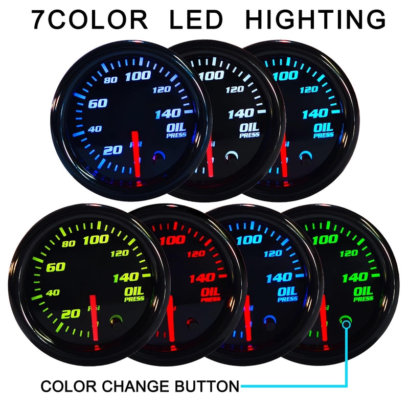 Tinted 7 Color Oil Pressure Gauge 140 PSI Kit 2"(52mm) Includes 1/8-27 NPT Electronic Sensor Wiring Multi Color Display White Housing Black Dial Smoked Lens for Car Truck