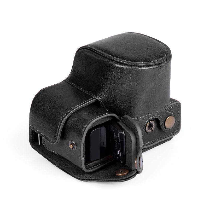 MegaGear MG2006 Ever Ready Genuine Leather Camera Case Compatible with Sony ZV-E10, Full Body Protection Lens Cover Bag with Shoulder Strap, Black