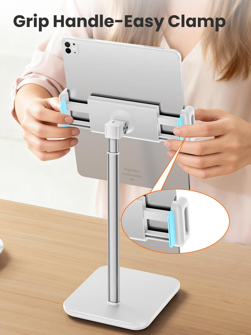 tounee Tablet Holder Stand, Height Adjustable Up to 18.11" Portable Monitor Stand, 4.4lb Holding Strength Tablet Cradle Mount Dock for 4.7"-15.6" iPhone, iPad, Kindle, eBook Reader-White White