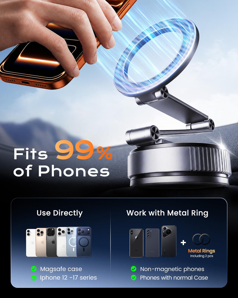 Magnetic Phone Holder for Car, 3-Axis Long Arm Mount for Tesla Model Y/3 | Foldable Washable Nano Gel + Vacuum Suction, Car Phone Mount for iPhone 17 16 15 14 13 12 Pro Max, MagSafe Cases, Dashboard Gray
