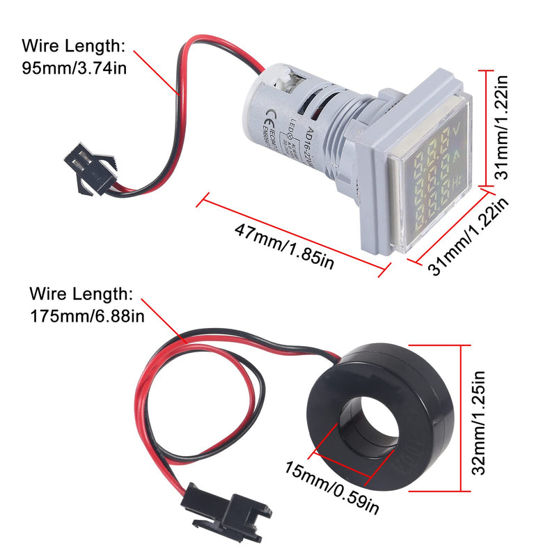 2PCS 3 in 1 22mm LED Digital Voltmeter Ammeter AC 60-500V 0-100A 20-75Hz AC Current Frequency Meter Indicator Digital Voltage Amp Tester with CT (White) White