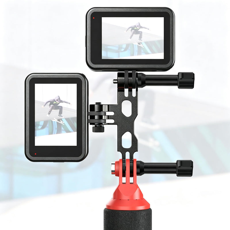 Aluminum Horizontal Vertical Dual Mount Adapter for GoPro 13/12/11/10/9 | Twin Cameras Mount Bracket for DJI Action 6/5/4/3, for Insta360 Ace/Pro/Pro2, Expand Mount for LED Fill Light / Microphone