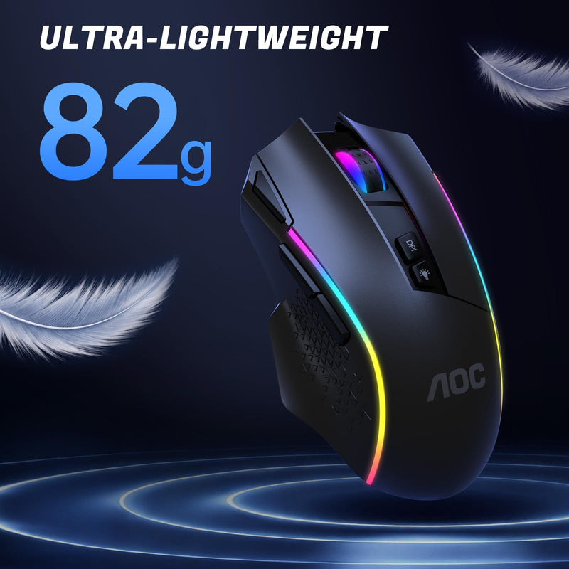AOC GM401 Wireless RGB Gaming Mouse, 12000 DPI, Rapid-Fire Shotcut, 70Hrs | 2.4GHz Cable-Free 0 Delay /Bluetooth 5.0/USB-C Wired, Remapping Keys, Vibing Backlight, Ergonomic Comfort, Fits for FPS Gamer Black