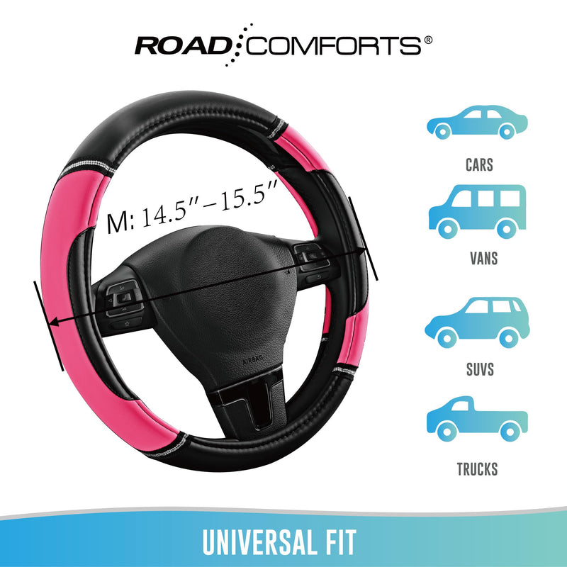 Road Comforts Leather Steering Wheel Cover - Made with PVC Leather - Anti-Slip, Universal Fit 14 1/2 inches to 15 inches - Hot Pink