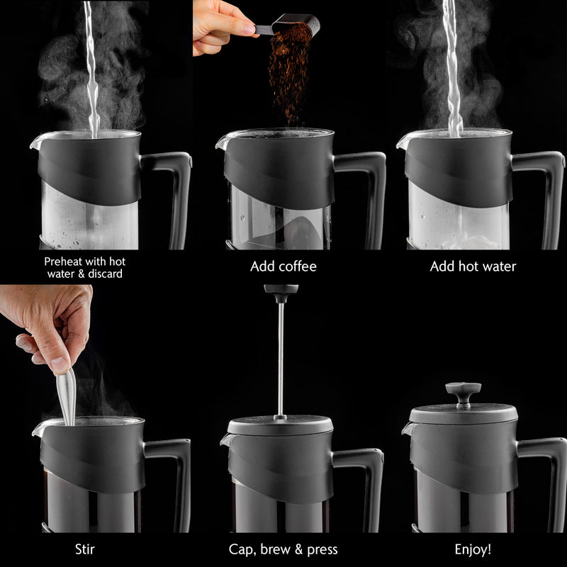 OVENTE French Press Coffee Maker 20 Ounce with Heat Resistant Borosilicate Glass & Stainless Steel 4-Level Filtration System, Portable Cold Brew Coffee Maker for Travel, Camping or Gift, Black FPW20B