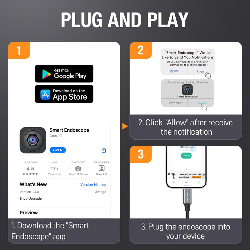 Teslong 2.0MP HD AF Auto Focus Borescope, 16.5ft Flexible Endoscope with Adjustable Lights, USB-C Inspection Camera for Plumbing, Automotive, Wall, for iPhone 15/16 & Android, Long Focus & Autofocus