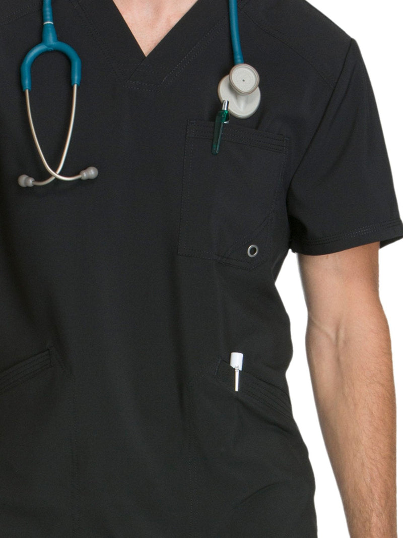 Cherokee Infinity Mens V-Neck Scrub Top Modern Fit, 3 Pockets, Rib-Knit Back Panels, Moisture-Wicking 360° Stretch – CK900A Large Black