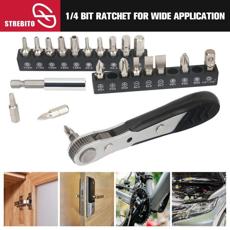 STREBITO Mini Ratchet Set, 22-Piece 1/4 Ratchet Right Angle Screwdriver, 36-Tooth Small Ratcheting Wrench Bit Ratchet For Tight Spaces, with Phillips, Slotted, Torx, Hex, Square and Adapter for Socket 22 in 1