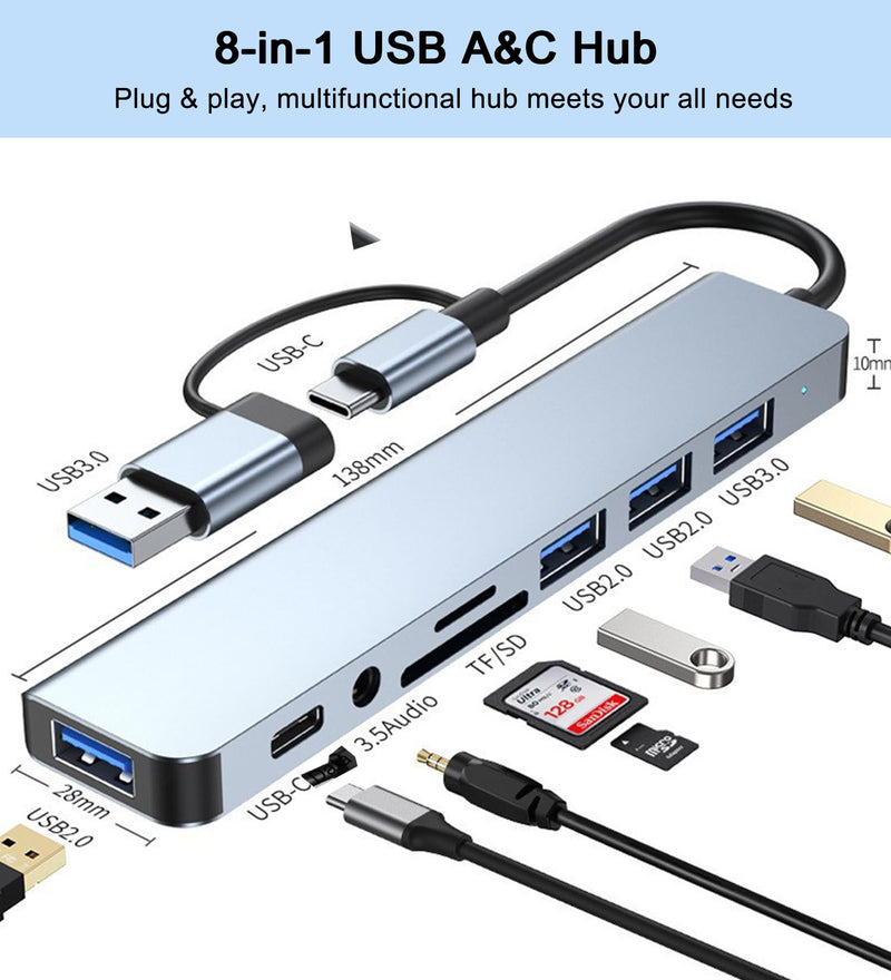 USB C Hub USB Hub 3.0 with SD/TF Card Reader, 3.5mm Headphone Aux Jack, 8-in-1 USB Splitter for MacBook Pro Air, XPS, Surface and More PC/Laptop/Tablet Devices Versatile 8-in-1