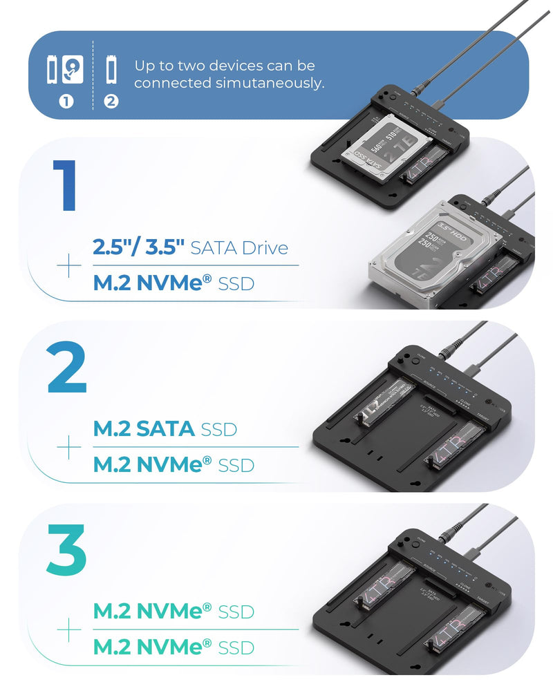 ICY BOX M.2 NVMe & SATA SSD/HDD Docking Station, USB-C 3.2 Gen 2 (10 Gbps) Hard Drive Clone Station & Reader Dual Bay for M.2 NVMe/SATA + 2.5”/3.5” SSD & HDD Converter, Offline Cloning, Tool-Free