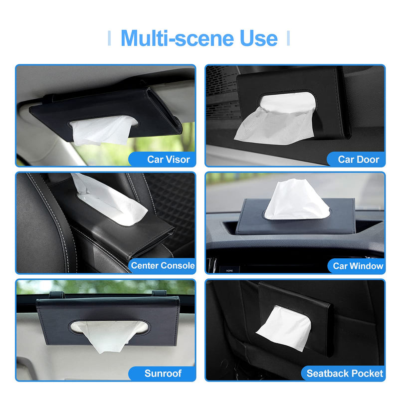 Car Tissue Holder, Upgraded Version Hanging Tissue Holder in Car, Premium PU Leather Car Napkin Holder for Universal Auto, Easy Use (Black)
