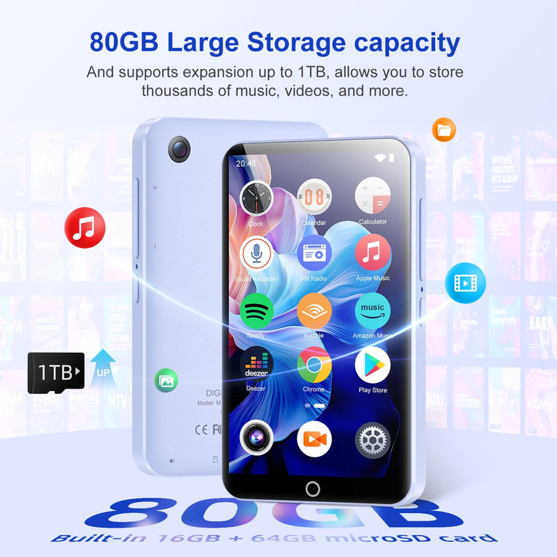 80GB MP3 Player with Bluetooth＆WiFi, 4.0'' IPS Touch Screen MP4 Players, Android Music Player Built-in Camera, Speaker, Support Spotify, Amazon Music, Deezer, Audible, FM Radio, Expandable Up to 1TB 80G Purple