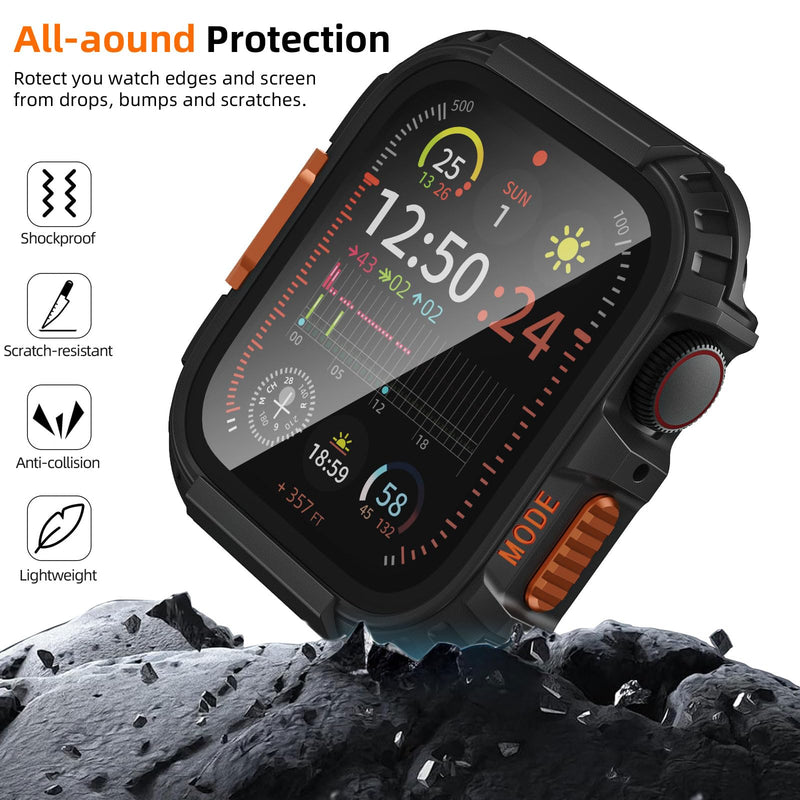 2 Pack Rugged Waterproof Case for Apple Watch 46mm Series 11 10 with Tempered Glass Screen Protector, Durable Hard PC Bumper Protective Face Cover for iWatch 46 mm Black/Ti