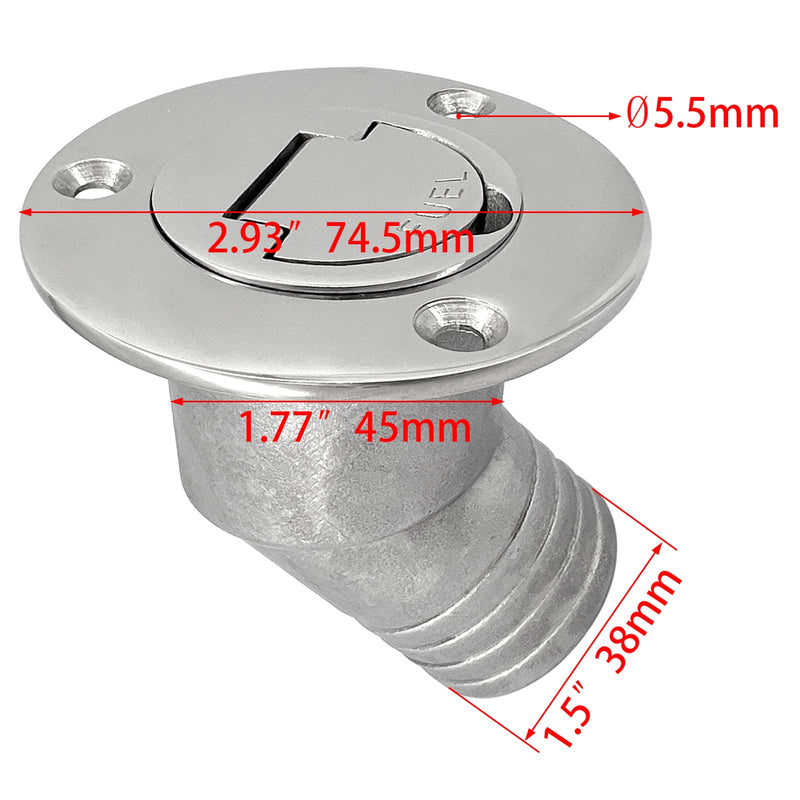 ISURE MARINE 1-1/2"(38mm) Boat Fuel Deck Fill/Filler with Keyless Cap with Screws, Marine Mirror Polished 316 Stainless Steel Hardware Angled Neck for Boat Yacht Caravan