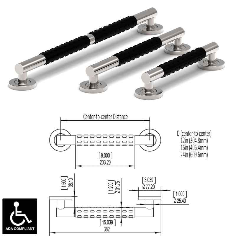 Bath, Shower and Toilet Safety Grab Bar for Seniors and Handicaps, ADA Compliant Mobility Aid Balance Assist Handle, Stainless Steel with Rubber Grips 16 inch Brushed Nickel